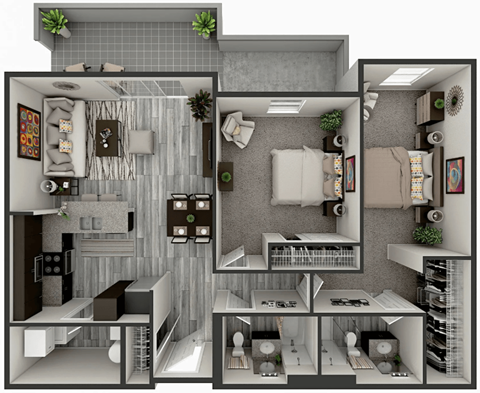 A 3D rendered image of a small apartment layout.